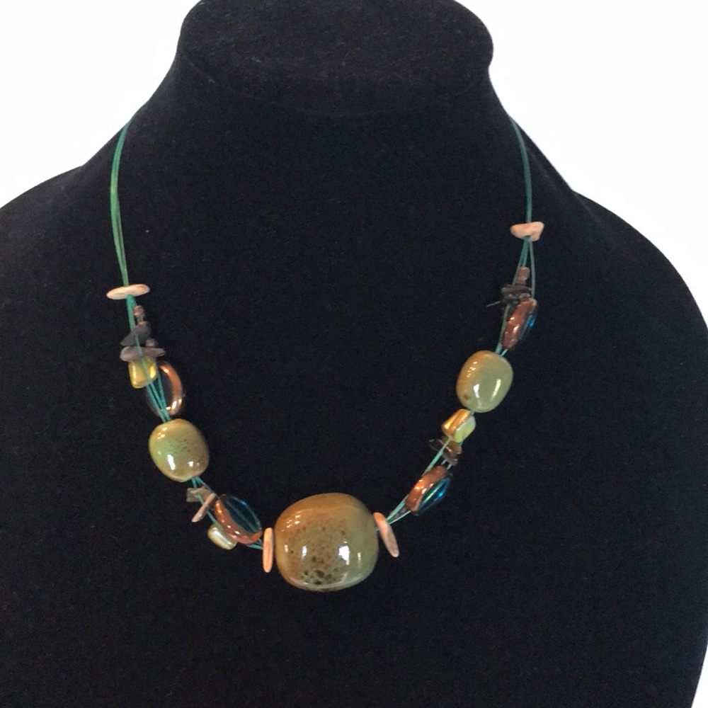 Premier Designs Island Girl Necklace 22 inch Green Blue Brown in Blue Cord